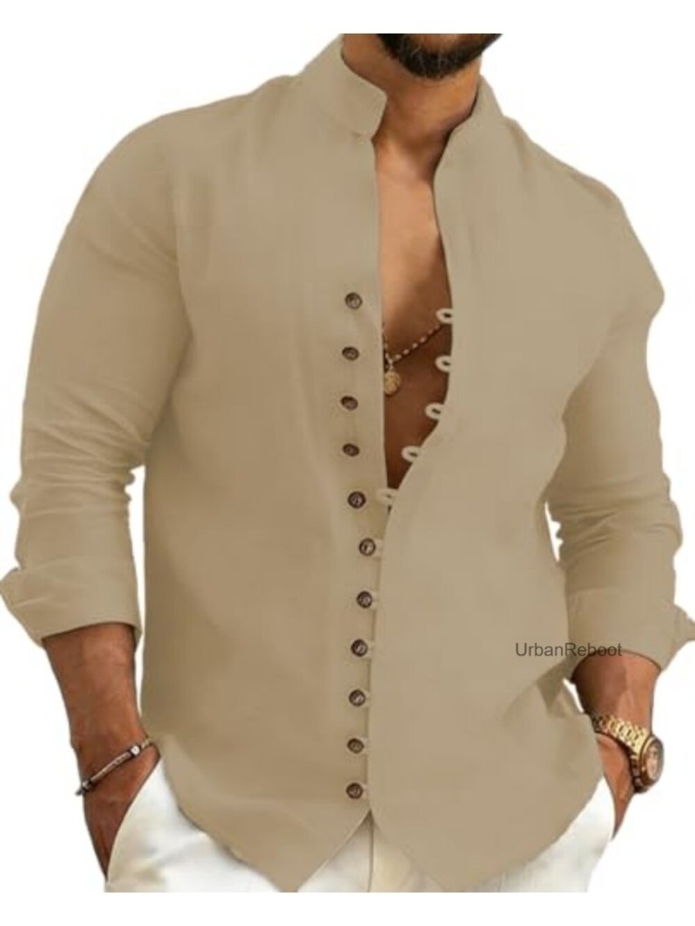 Mens Long Sleeve Button Down Shirt Banded Collar Stretch Cotton Henley Top